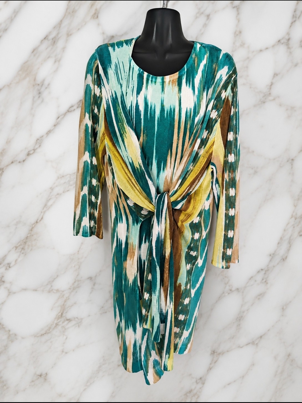 Chico's Travelers Abstract Print Sleeveless Tunic Top Size 2 Teal Yellow Knit